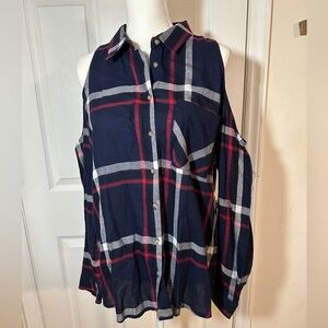 Juniors Ambiance cold shoulder plaid button down shirt size Large